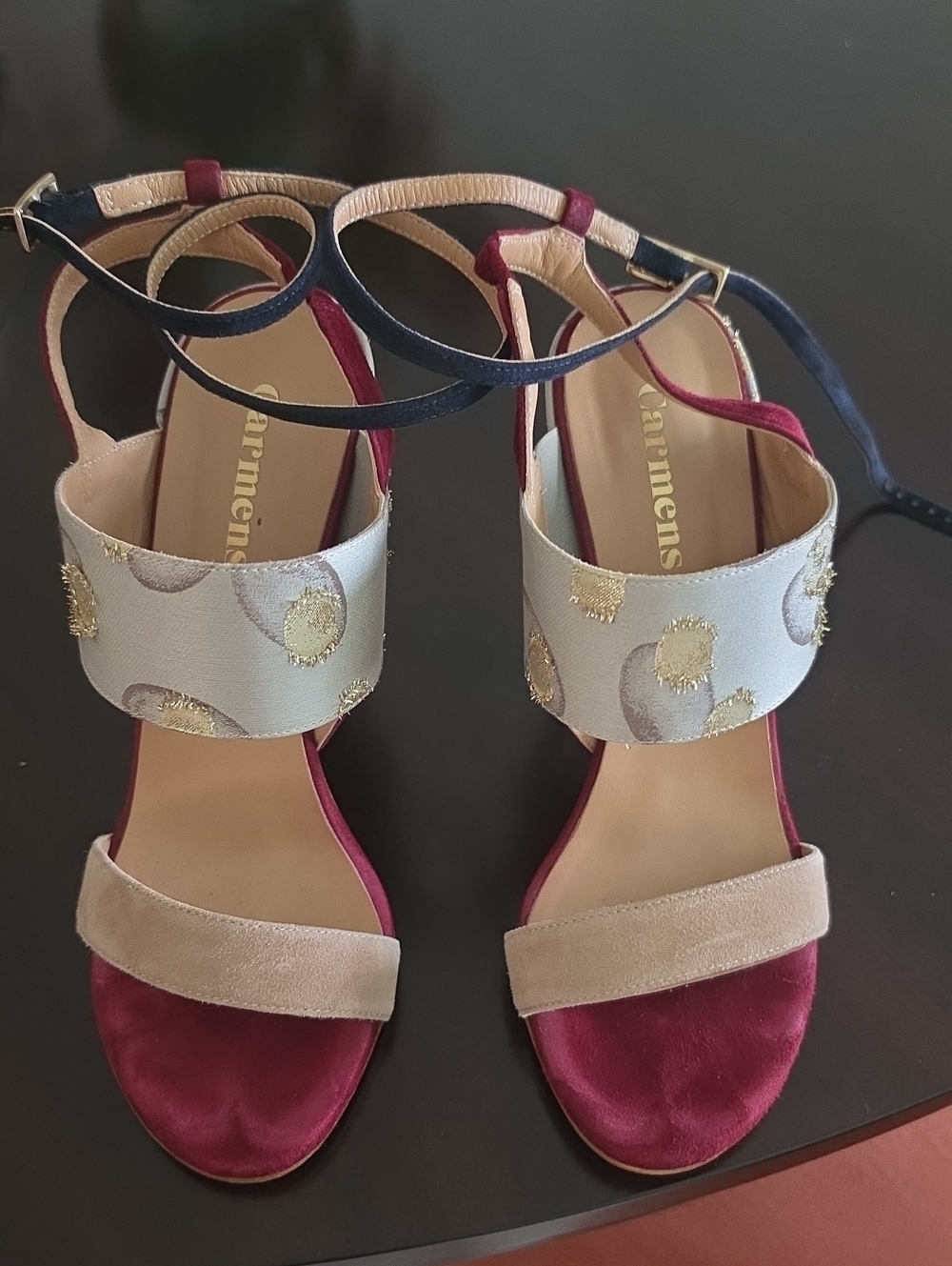 Carmens Burgundy & Beige Embellished Ankle-Strap Heels
